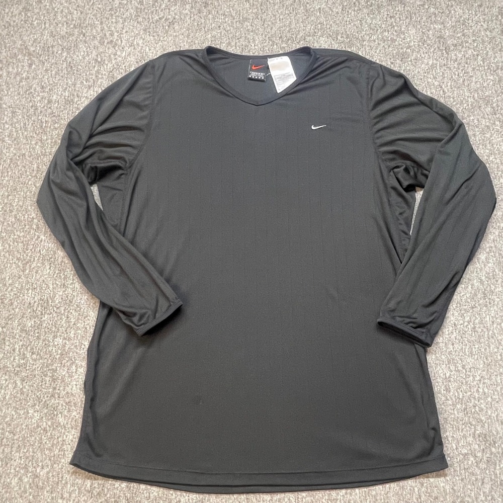 Vtg Nike Womens XL Black V-Neck Long Sleeve Performance Pinstripe Athletic Top